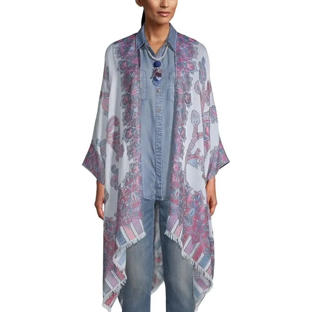 CHICO'S Women's Ruana Floral Jacquard Shawl Wrap Kimono Blue One Size